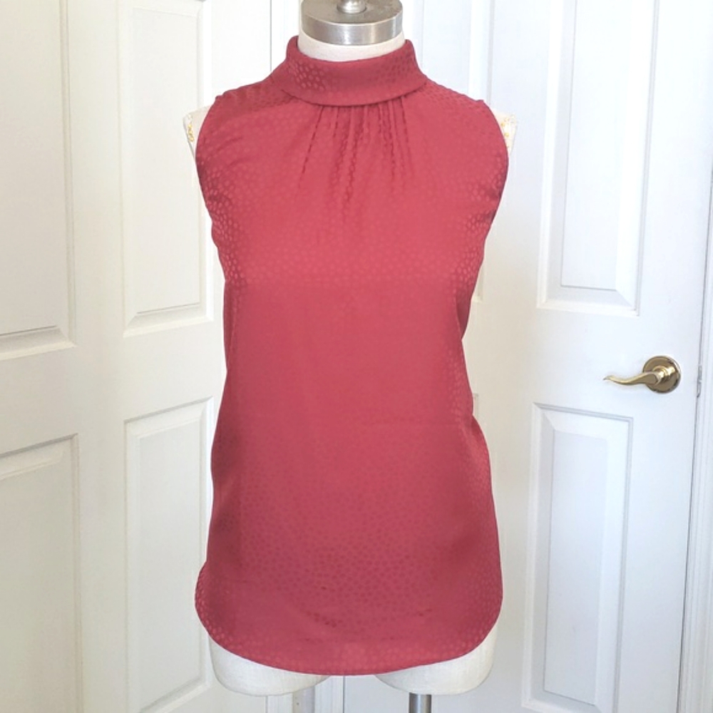Ann Taylor Brick Red Polka Dot Jacquard Mock Neck Blouse XS Retro - Picture 3 of 8